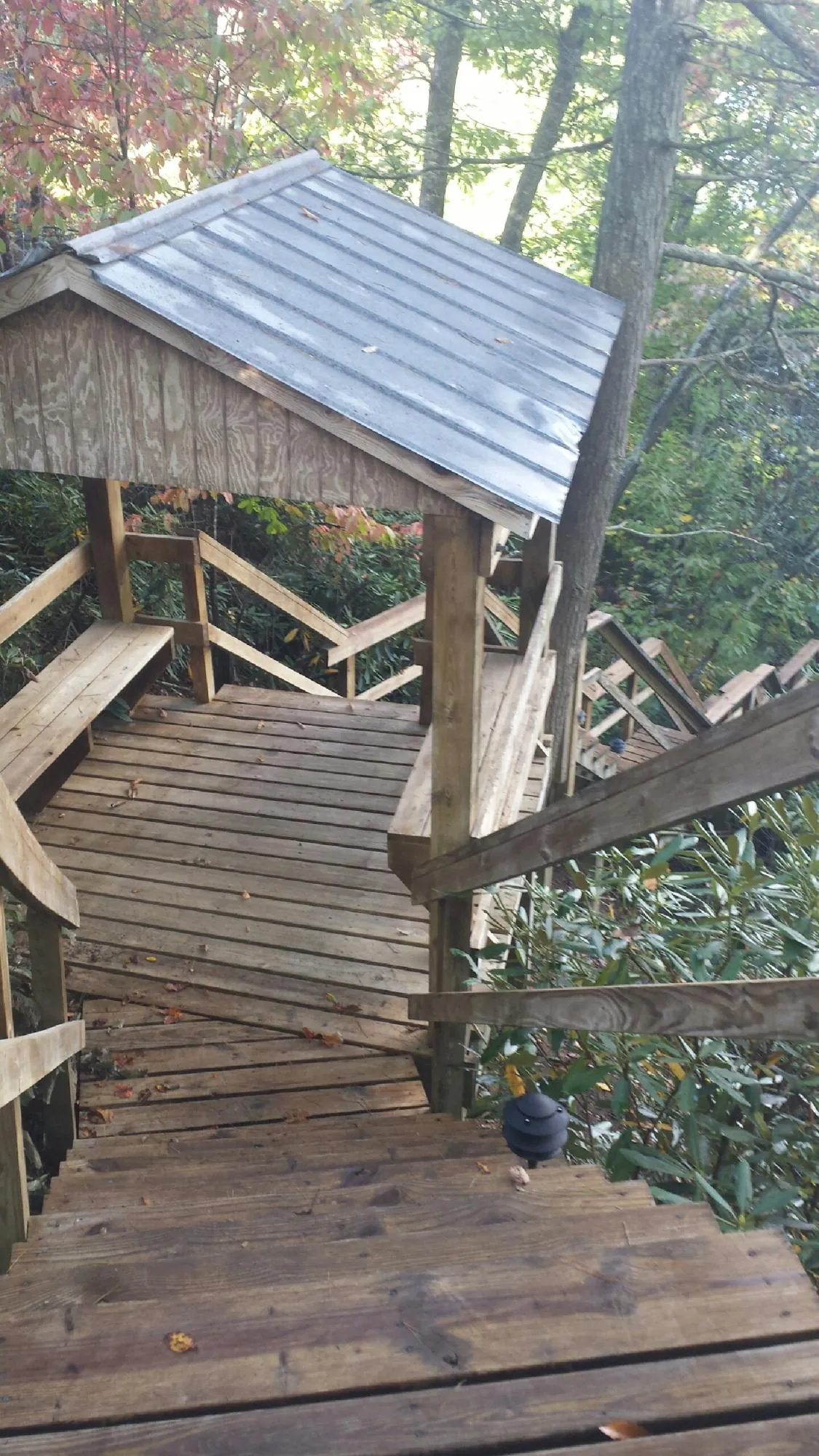 Metal roofed shelter over wooden steps on a wooded walkway — Skylight Repair & Installation work by our crew in Lovettsville